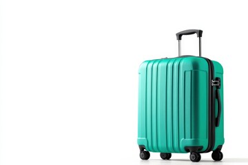 Turquoise suitcase on white isolated background.