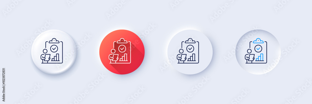 Poster inspect line icon. neumorphic, red gradient, 3d pin buttons. quality research sign. verification rep