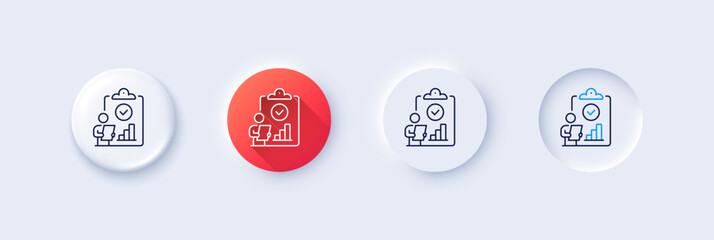 Inspect line icon. Neumorphic, Red gradient, 3d pin buttons. Quality research sign. Verification report list symbol. Line icons. Neumorphic buttons with outline signs. Vector