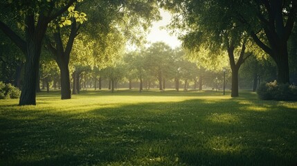 Obraz premium A peaceful park scene with vibrant green trees and a gentle breeze, symbolizing unity and hope