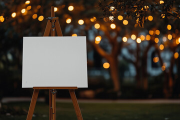 A white blank template canvas on a wooden easel in a green park in the background at night