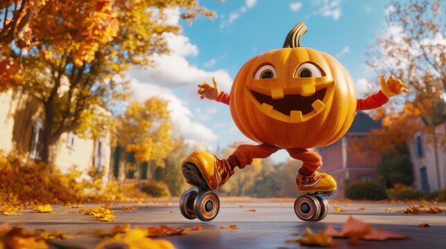 A playful pumpkin character roller-skating on a sunny day, surrounded by colorful autumn scenery
