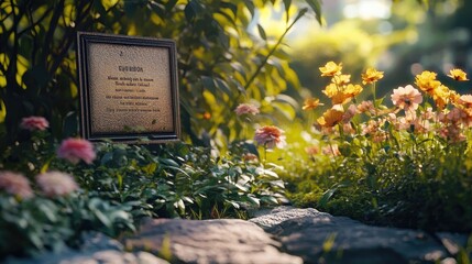 A quiet garden of remembrance with a bronze plaque and flowers gently swaying in the breeze