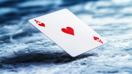 Ace of hearts playing card floating against a blurred icy background.