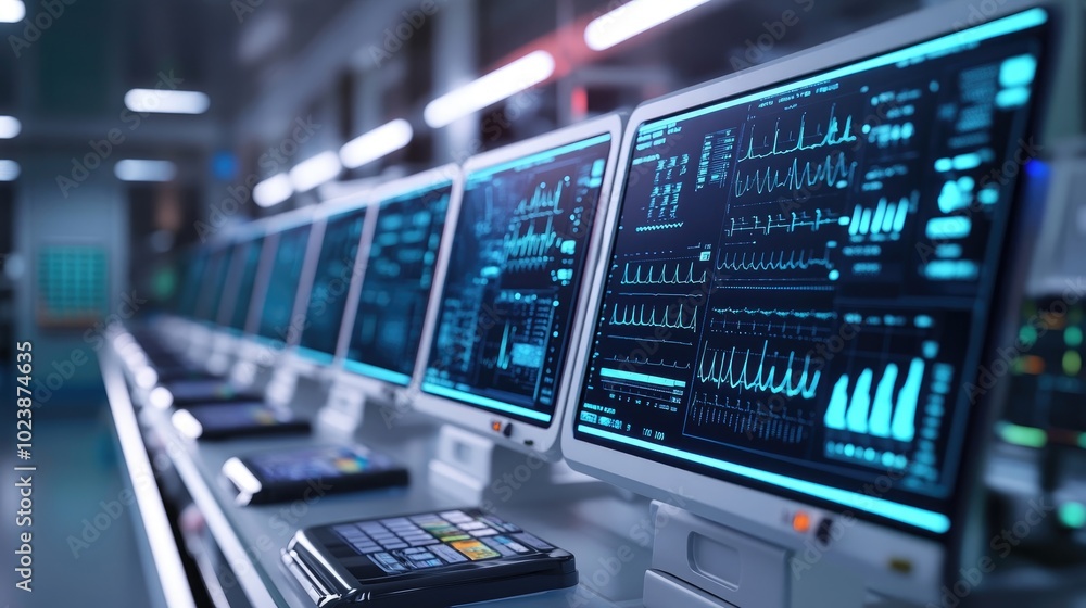 Poster a row of medical monitors lined up on a desk, displaying various patient data in a high-tech hospita