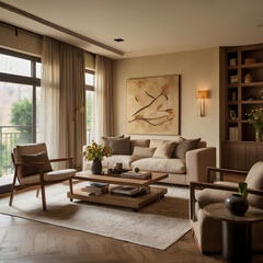 Elegant Neutral-Toned Living Room with Modern Minimalist Decor and Natural Light