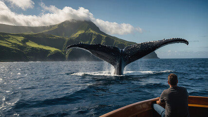 Naklejka premium Whale Watching in Scenic Ocean with Mountain