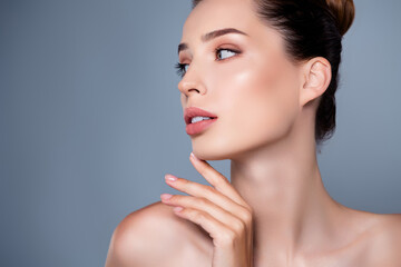 Profile photo of stunning lady after lifting procedure isolated on grey color background