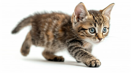 Obraz premium Small silly striped kitten walking on white background.
