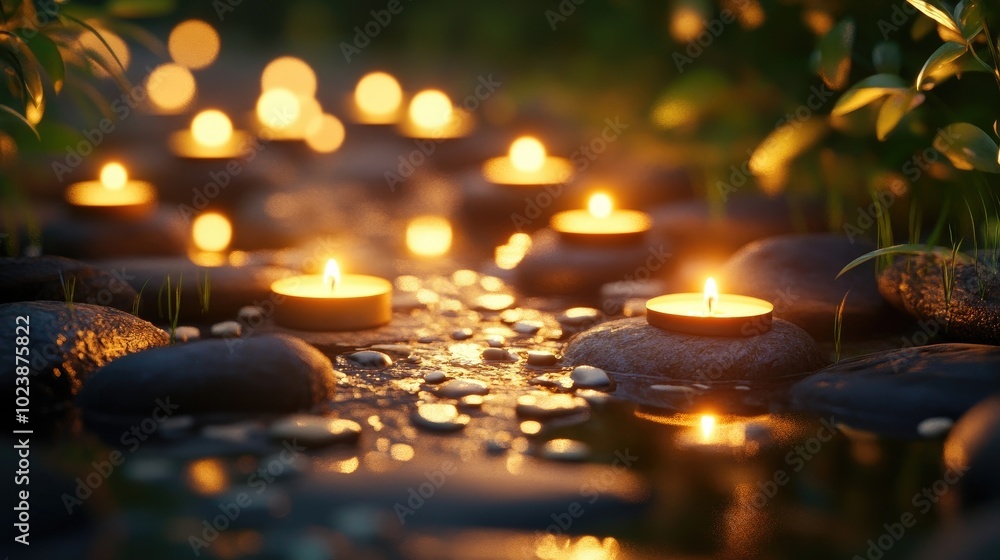 Poster a serene border featuring an array of candles and small stones, symbolizing remembrance