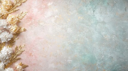 A soft, pastel background adorned with golden and white decorative elements, creating an elegant and serene design.
