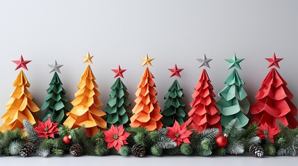 Festive paper Christmas trees with ornaments and pine branches, concept of handmade holiday decor and sustainable festive design
