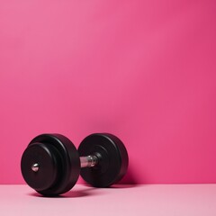 Black dumbbell contrasts against a bright pink backdrop Vibrant color contrast