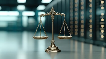A brass scale of justice stands in a contemporary setting, symbolizing fairness and law, with a blurred background of cabinets.