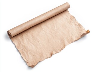 Old parchment paper sheet, rolled on top, white isolate background.