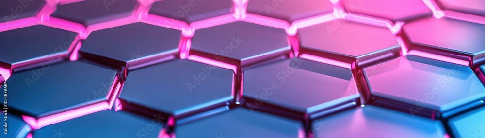 Poster hexagonal pattern with vibrant neon colors, futuristic abstract design.