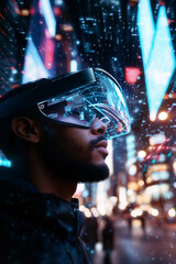 Man in futuristic VR headset exploring glowing neon digital world at night.