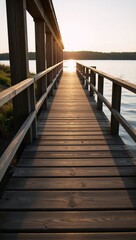 Obraz premium Wooden pier stretches over serene lake at sunrise