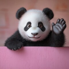 Fototapeta premium A cute panda waving happily, showcasing its playful nature against a soft pink background.