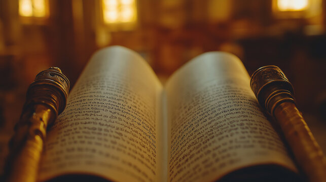 Close-up of an open Torah scroll with Hebrew text and wooden handles.

