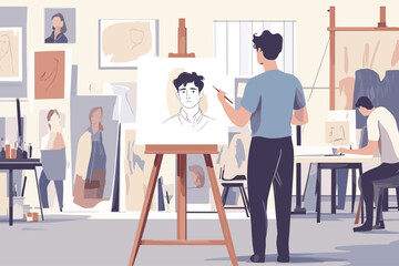 Artist working on a portrait painting in an art studio. Cartoon vector illustration. Design for art, creativity, and painting-themed prints.”