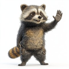 Fototapeta premium A cute animated raccoon character waving cheerfully, showcasing a playful and friendly demeanor.