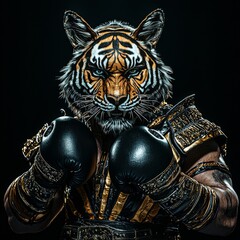 Fototapeta premium A striking male figure in an ornate tiger mask and boxing gloves, exuding strength and power against a dark backdrop.