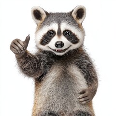 Fototapeta premium A cheerful animated raccoon giving a thumbs up against a plain background, radiating positivity and friendliness.