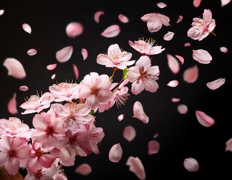 Cherry blossoms floating isolated on black background
