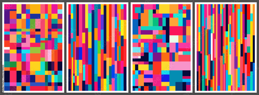 Aufkleber set of abstract colorful geometric patterns with randomly stacked rainbow rectangles. trendy artisti