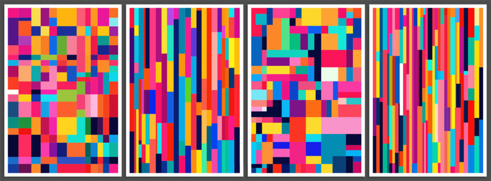 Set of abstract colorful geometric patterns with randomly stacked rainbow rectangles. Trendy artistic block design with colorful chaotic squares for banner, poster, flyer or cover. Vector illustration