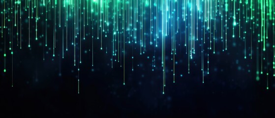 Abstract digital light pattern with green and blue streaks on dark background.
