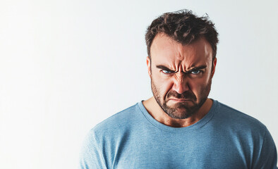 Fototapeta premium Angry man with beard frowning and scowling with copyspace