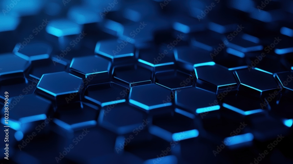 Poster abstract hexagonal pattern with glowing blue accents on a dark background.
