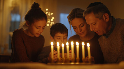 Family gathered around menorah, softly lit candles glowing during Hanukkah blessings.

