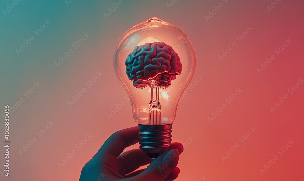Poster a hand pointing to a light bulb with a brain on it