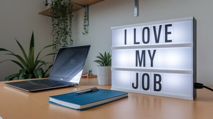 A cozy workspace featuring a laptop, a notebook, and a lit sign that says "I Love My Job," surrounded by plants, creating an inviting atmosphere.