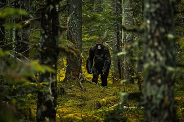 Obraz premium A large, hairy creature is walking through a forest, generative ai image