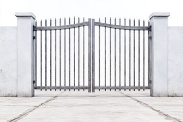 Stylish metal gate with stone pillars against a white background.