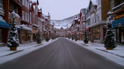 Fototapeta premium Snow blankets the charming streets of Quebec City's old town, where festive decorations and vibrant buildings create a picturesque winter atmosphere at Christmas