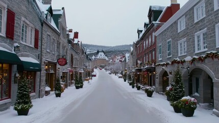 Fototapeta premium Snow blankets the charming streets of Quebec City's old town, where festive decorations and vibrant buildings create a picturesque winter atmosphere at Christmas