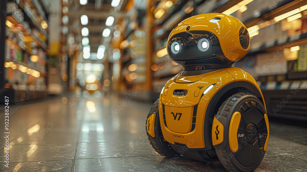 Poster yellow robot is standing in a store aisle. the robot is designed to look like a human, with a head a