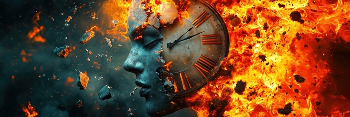 A surreal image of a fragmented human face merging with a burning clock, engulfed in flames and debris, symbolizing time pressure and destruction.