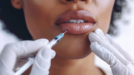 Close-up of African American Woman Receiving Lip Injection for Cosmetic Enhancement. Concept of Beauty Treatments, Aesthetic Procedures, Modern Skincare