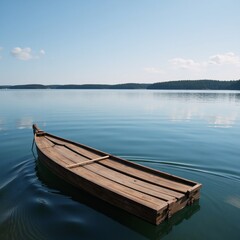 Fototapeta premium A tranquil scene featuring a driftwood raft adrift on a placid lake