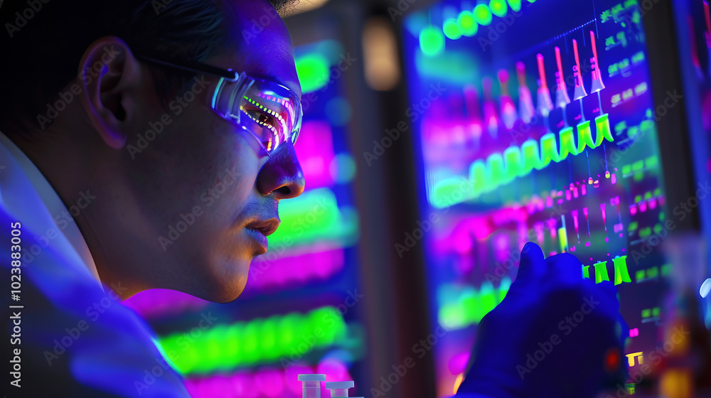 Poster asian man analyzing dna sequence in a high-tech laboratory using digital screen monitor. concept of 
