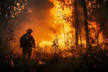 Fototapeta premium A Firefighter Battling a Wildfire in a Dense Forest, With Flames Towering Around Him, the Intense Heat Visible in the Air Distortion