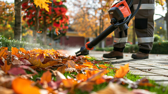 Close-up of a Landscaper Clearing Autumn Leaves with a Leaf Blower on a Sunny Day. Concept of Outdoor Maintenance, Seasonal Chores, and Professional Landscaping