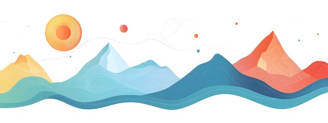 An abstract, flat color vector graphic design featuring stylized mountain peaks and valleys in various shades of blue, orange, red, green, and yellow