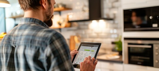 Caucasian Man Using Tablet for Kitchen Appliance Control in Modern Home Setting - Concept of Smart Technology, Efficient Home Management, Connectivity